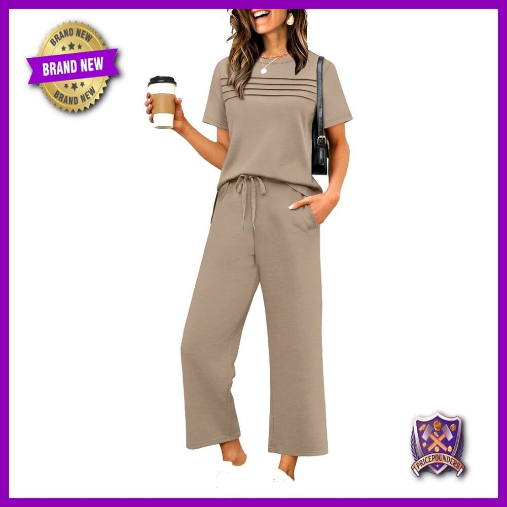 Women's Two Piece Lounge Set Wide Leg Pants Short Sleeve Travel Outfit S-3XL